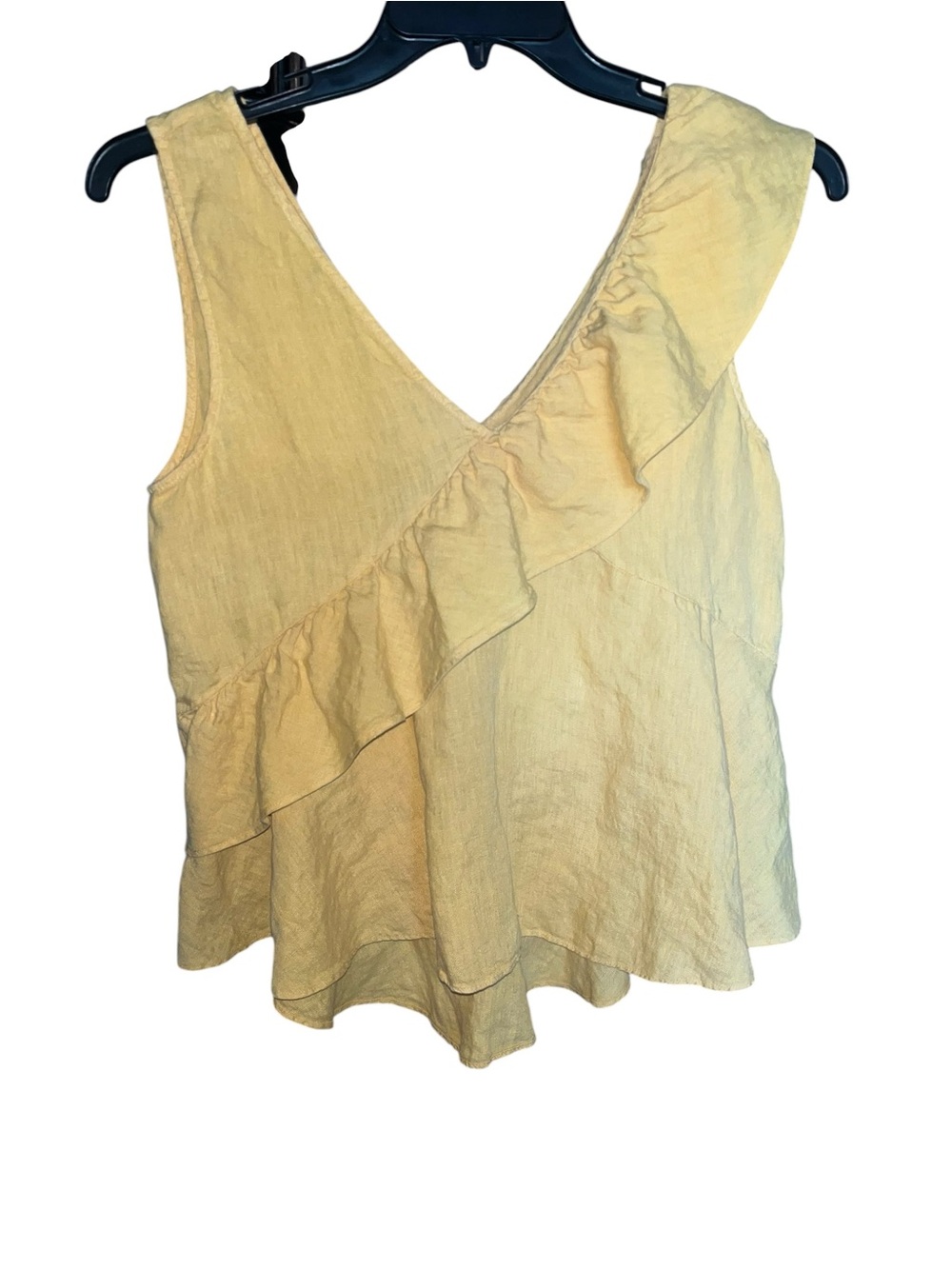 Zara Yellow Ruffle 100% Linen Sleeveless Blouse Size Medium